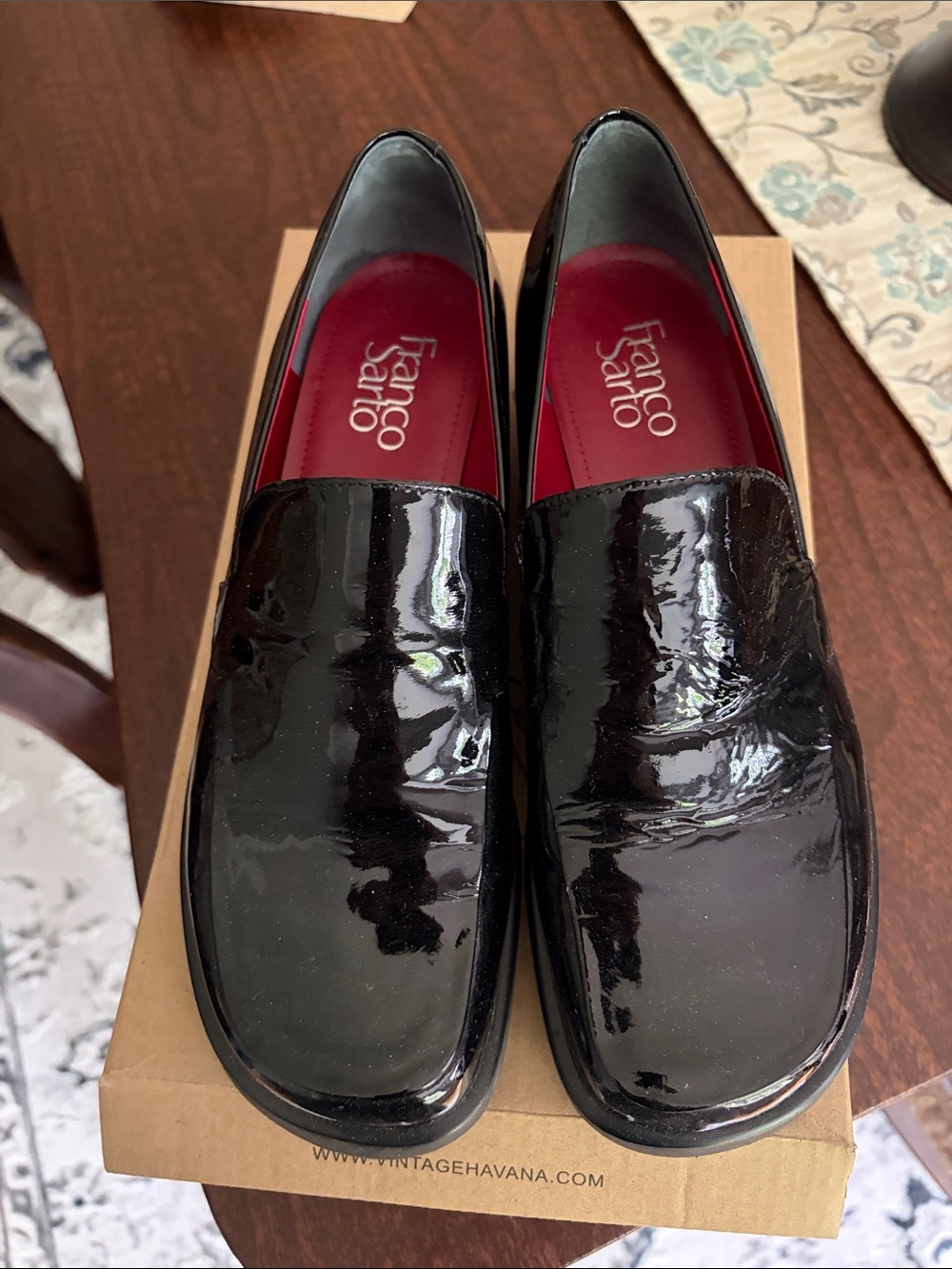 Franco Sarto Black Patent Slip-On Loafers with Red Lining